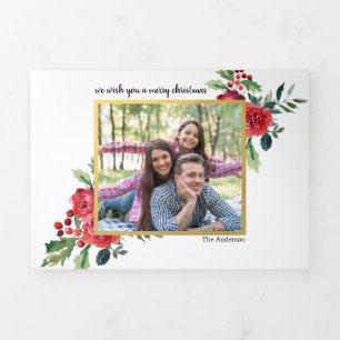 Gouden en rode bloemenbessen Kerstmis Multi Foto Drieluik Wenskaart