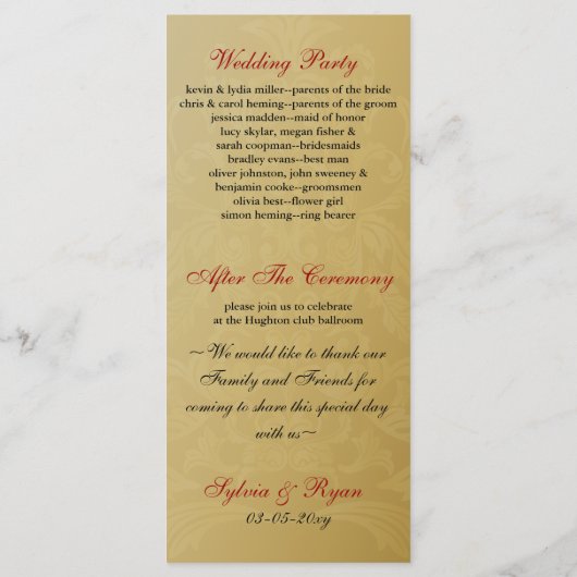 gouden en rode bruiloft programma programmakaart (Achterkant)