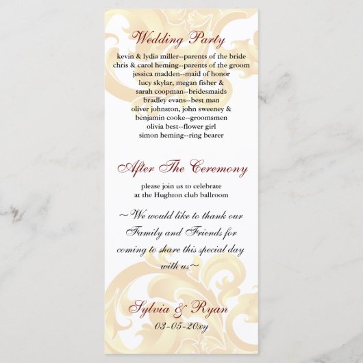 gouden en rode bruiloft programma programmakaart (Achterkant)