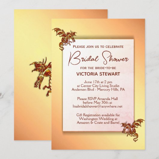 Gouden en Rode Draak Bridal Douche Uitnodiging (Voorkant / Achterkant)