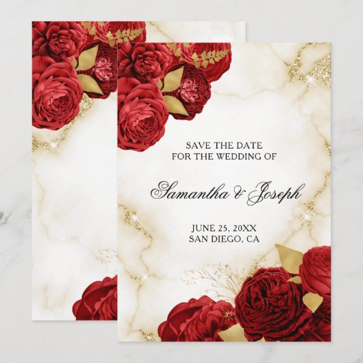 gouden en rode Floral Border Save The Date (Voorkant / Achterkant)