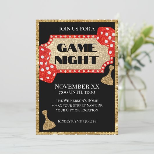Gouden en Rode Glitter Board Game Night op Zwart Kaart (Staand voorkant)