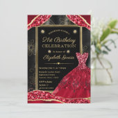 Gouden en Rode Glitter Jurk 21e Verjaardag Kaart (Staand voorkant)