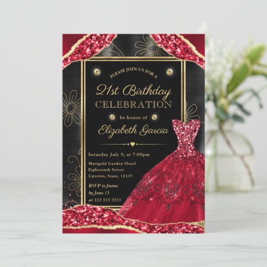 Gouden en Rode Glitter Jurk 21e Verjaardag Kaart (Staand voorkant)