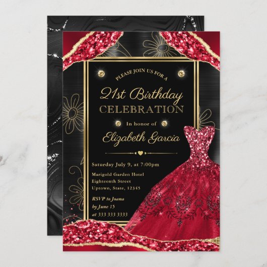 Gouden en Rode Glitter Jurk 21e Verjaardag Kaart (Voorkant / Achterkant)