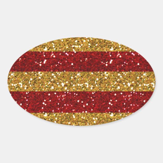 Gouden en Rode Glitter Stripes Gedrukt Ovale Sticker (Voorkant)