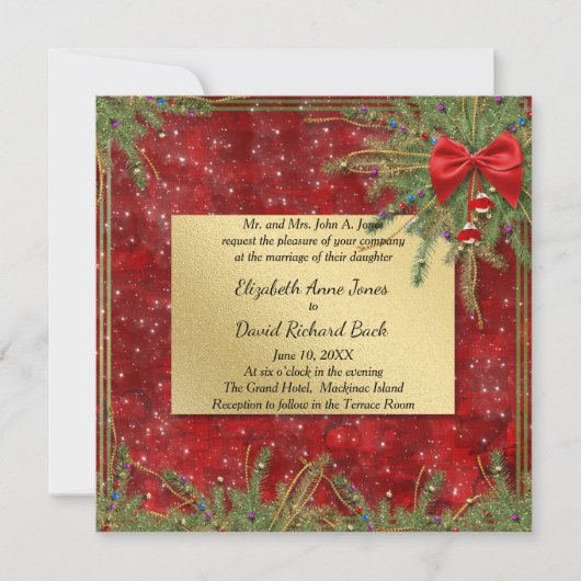 Gouden en rode kerst bruiloft uitnodiging (Voorkant)