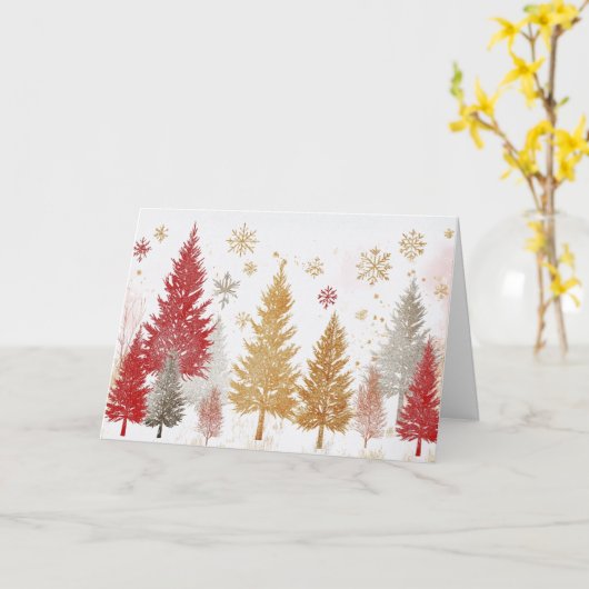 Gouden en rode kerstbomen in sprankelende sneeuw kaart (Gele Bloem)