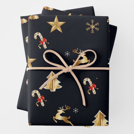 Gouden en rode kerstsymbolen inpakpapier vel (In situ)