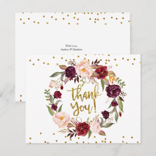 Gouden en Rode Marsala Bloemige Bedankkaart Kaart (Voorkant / Achterkant)