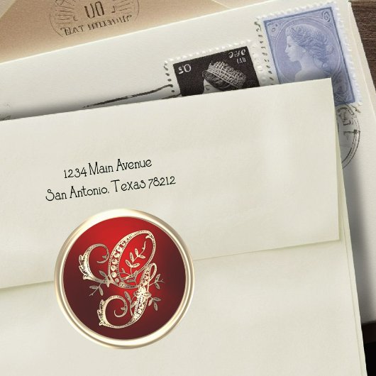 Gouden en Rode Monogram G Enveloppe-Zegel Ronde Sticker