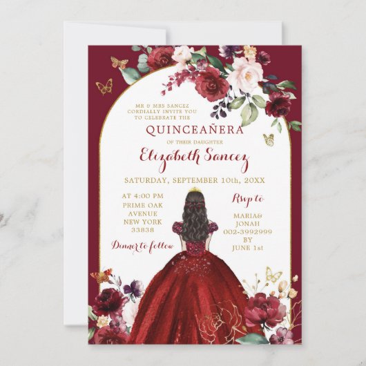 Gouden en rode rozen Bloemen Quinceañera Kaart (Voorkant)