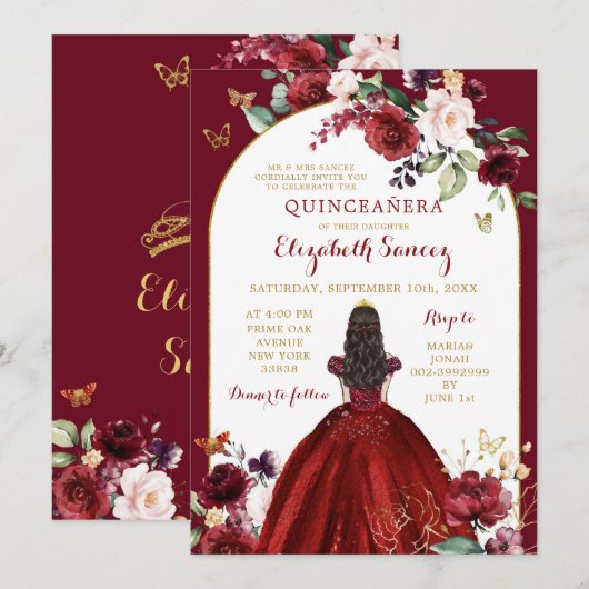 Gouden en rode rozen Bloemen Quinceañera Kaart (Voorkant / Achterkant)