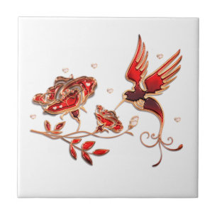 Gouden en Rode Sieraden met Vogel en Rozen Tegel Tegeltje