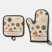 gouden en rode sneeuwvlokken gepersonaliseerd ovenwant & pannenlap set (Voorkant)