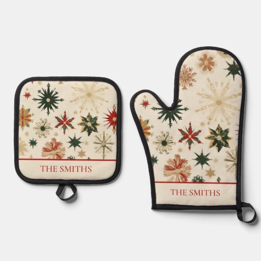 gouden en rode sneeuwvlokken gepersonaliseerd ovenwant & pannenlap set (Voorkant)