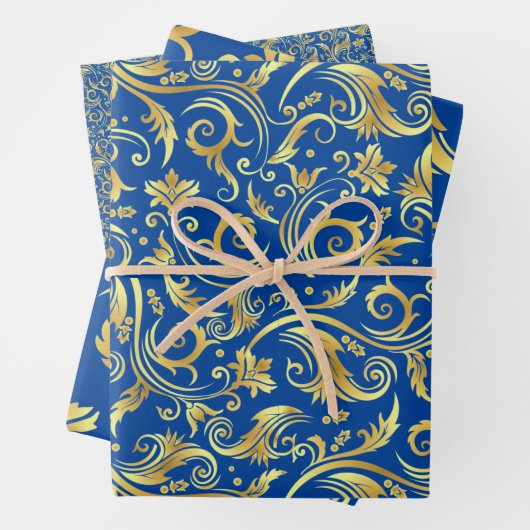 Gouden en Royal Blue Scroll Inpakpapier Vel (In situ)