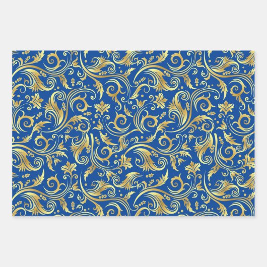Gouden en Royal Blue Scroll Inpakpapier Vel (Voorkant)