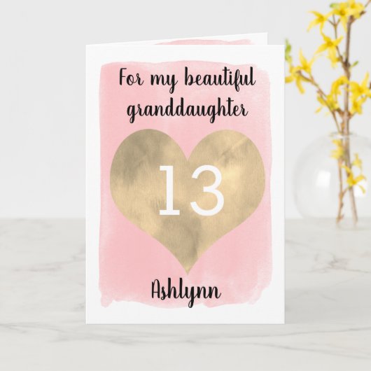 gouden en roze 13e verjaardag kleindochter kaart (Gele Bloem)