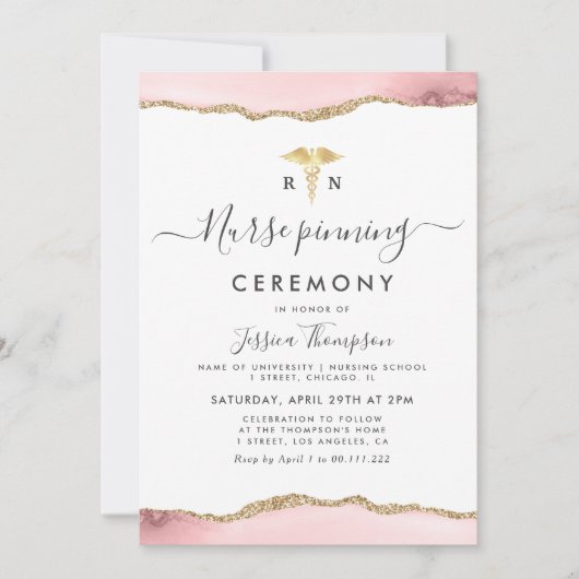 Gouden en roze agaat verpleegster pinning ceremoni kaart (Voorkant)