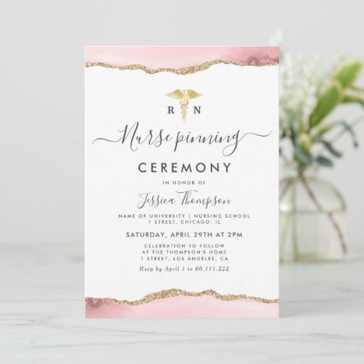 Gouden en roze agaat verpleegster pinning ceremoni kaart (Staand voorkant)