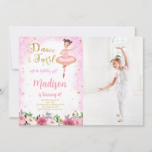 Gouden en Roze Ballerina Foto Uitnodiging  (Voorkant)