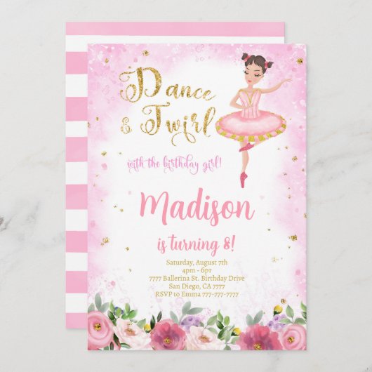 Gouden en Roze Ballerina Uitnodiging  (Voorkant / Achterkant)