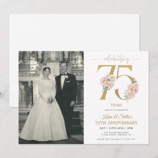 Gouden en roze bloemen 75e Jubileum Kaart (Voorkant / Achterkant)