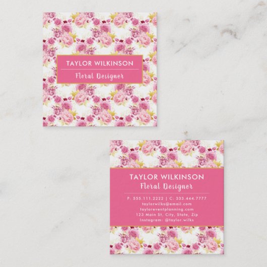 Gouden en Roze Bloemen Rozen op White Square Busin Vierkante Visitekaartje (Voorkant / Achterkant)