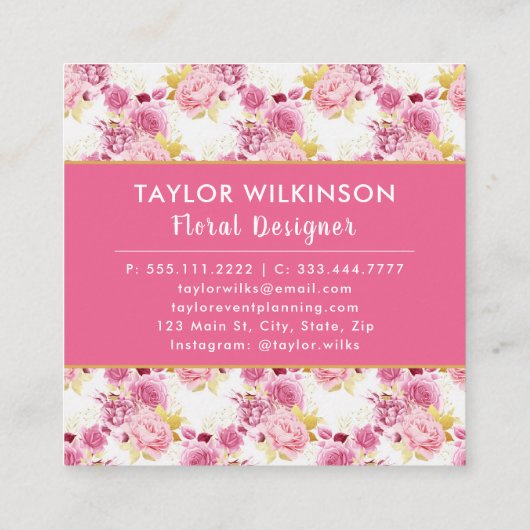Gouden en Roze Bloemen Rozen op White Square Busin Vierkante Visitekaartje (Achterkant)