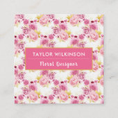 Gouden en Roze Bloemen Rozen op White Square Busin Vierkante Visitekaartje (Voorkant)