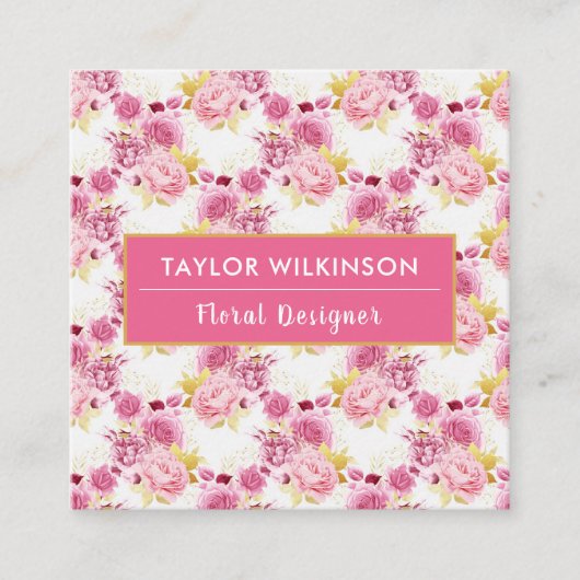 Gouden en Roze Bloemen Rozen op White Square Busin Vierkante Visitekaartje (Voorkant)