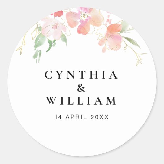 Gouden en roze bloemenbruiloft ronde sticker (Voorkant)
