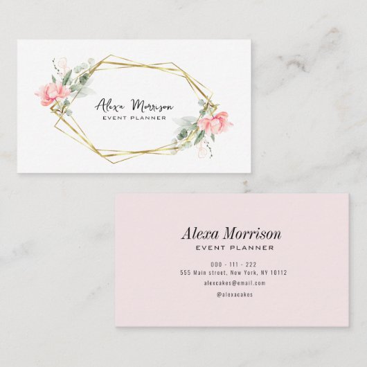 Gouden en roze Bloemenevent Planner Visitekaartje (Voorkant / Achterkant)