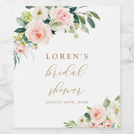 Gouden en Roze Bloemige Bruidsdouche Wijn Etiket (Enkel label)