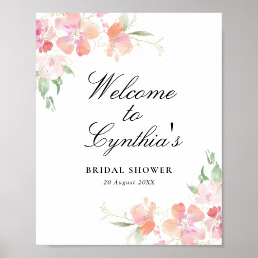 gouden en roze bloemige bruidsshower welkomstbord poster (Voorkant)