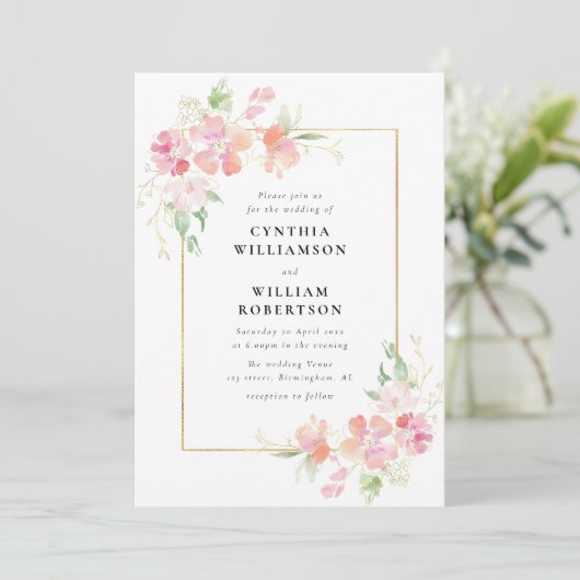 Gouden en roze botanische bloemen bruiloft kaart (Staand voorkant)