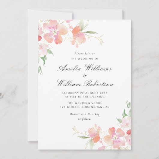 Gouden en roze botanische bloemenbruiloft kaart (Voorkant)