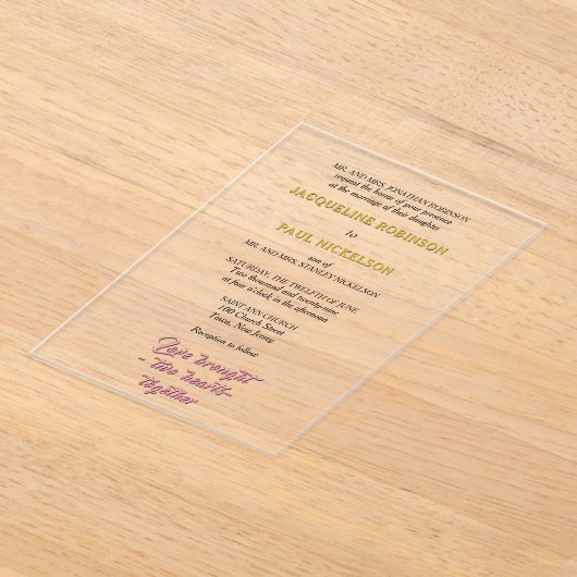 Gouden en roze bruid en bruidegom acryl uitnodigingen (Laagn)