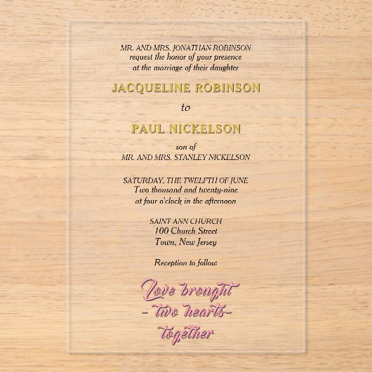 Gouden en roze bruid en bruidegom acryl uitnodigingen (Voorkant)