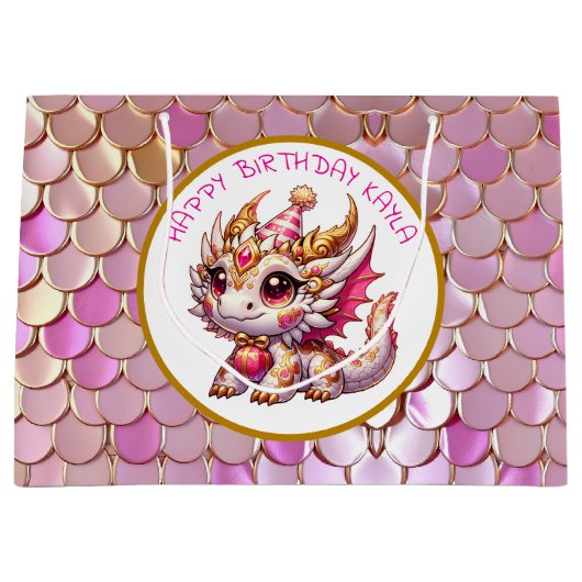 Gouden en roze drakenmeisje verjaardag groot cadeauzakje (Voorkant)