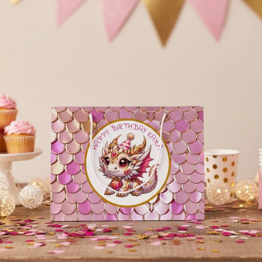 Gouden en roze drakenmeisje verjaardag groot cadeauzakje