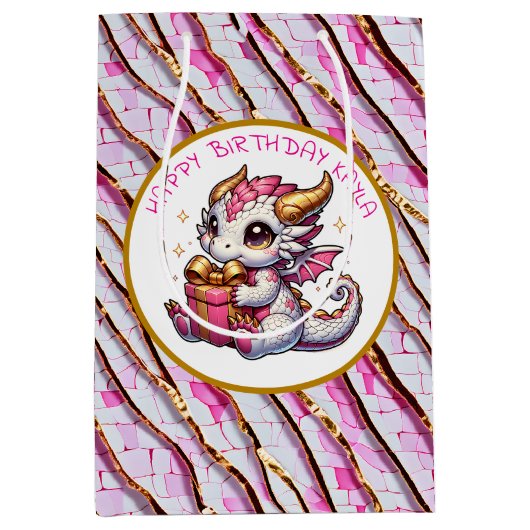Gouden en roze drakenmeisje verjaardag medium cadeauzakje (Voorkant)