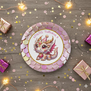 Gouden en roze drakenmeisje verjaardag papieren bordje