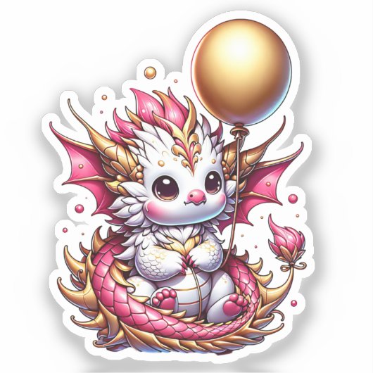 Gouden en roze drakenmeisje verjaardag sticker (Voorkant)