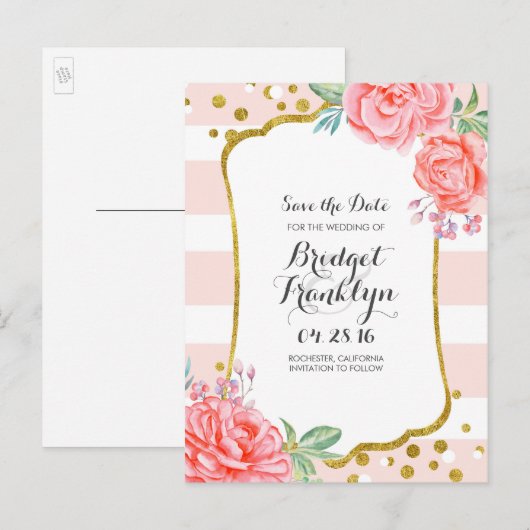 Gouden en roze florale confetti streep Bewaar de d Aankondigingskaart (Voorkant / Achterkant)