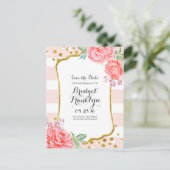 Gouden en roze florale confetti streep Bewaar de d Aankondigingskaart (Staand voorkant)
