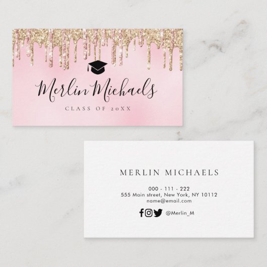 gouden en roze glitter afstuderen naam invoegkaart visitekaartje (Voorkant / Achterkant)