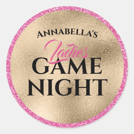 Gouden en Roze Glitter Dames Game Night Ronde Sticker (Voorkant)