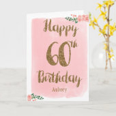 Gouden en roze Happy 60th Birthday Kaart (Gele Bloem)